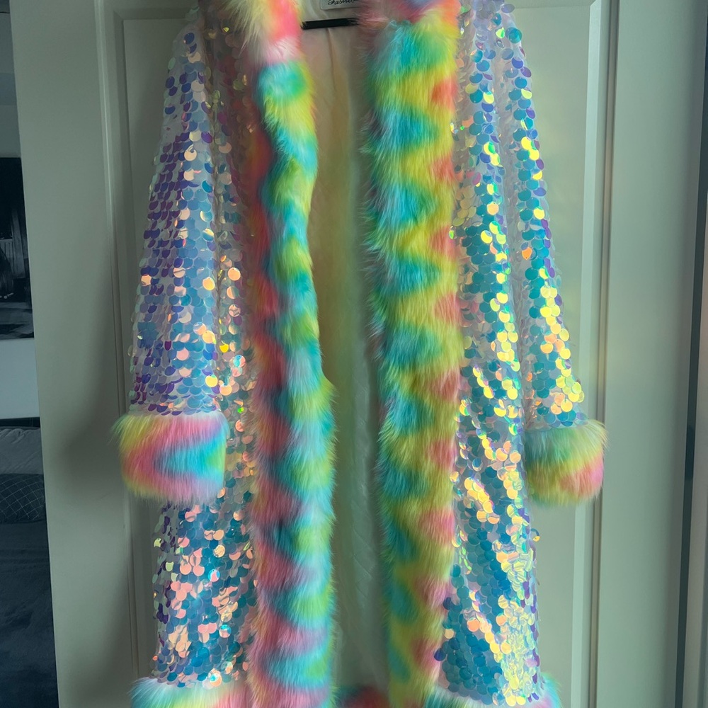 Rainbow Sequin Fur Trim Coat